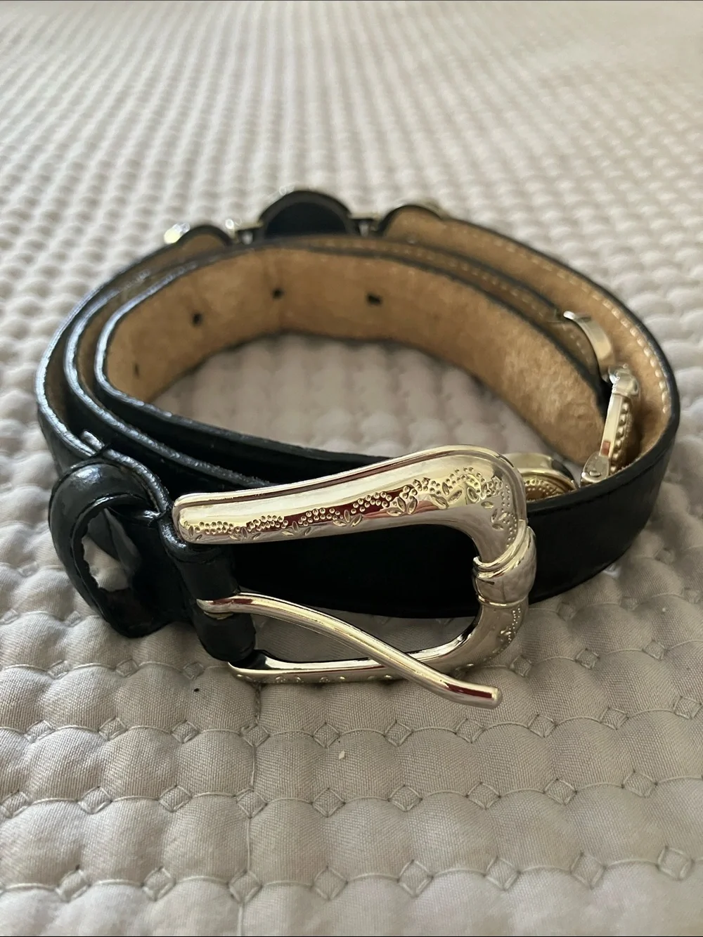 Chico's Black Leather Belt with Decorative Silver Buckle